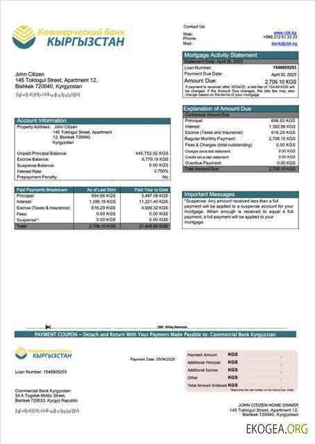 Kirghizistan Commercial Bank Kirghizistan relevé hypothécaire Modèle Word et PDF
